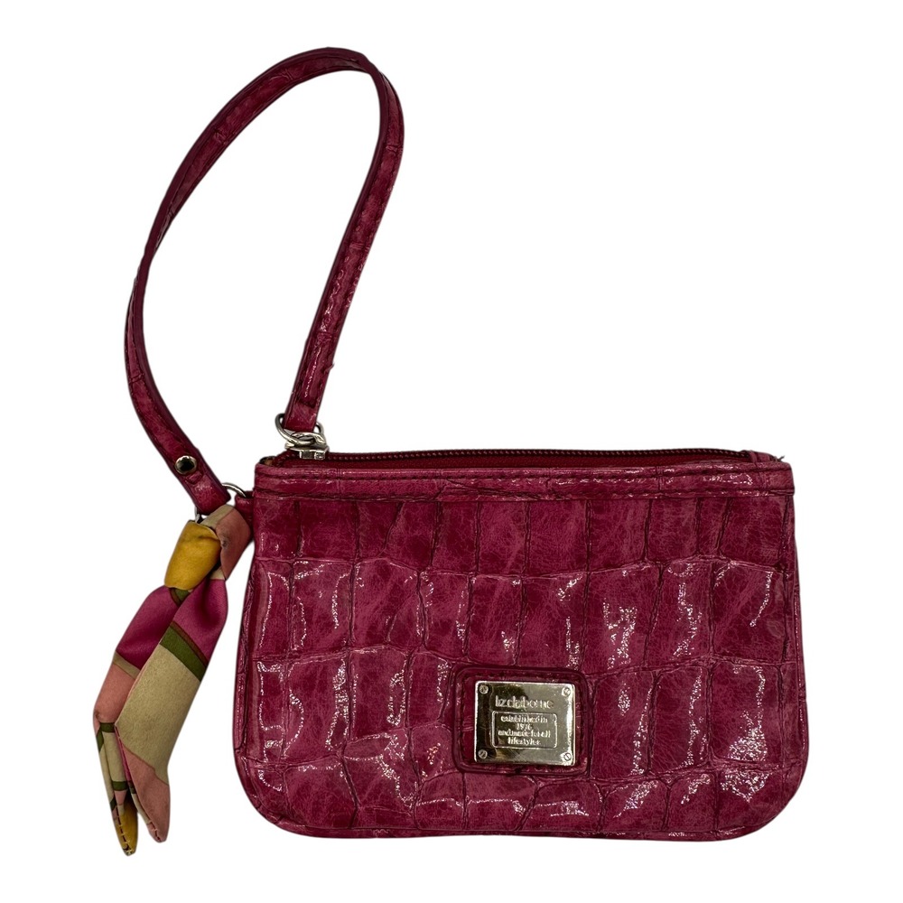 Liz Claiborne Wristlet Clutch Fuchsia Croc Embossed Evening Bag Scarf Accent